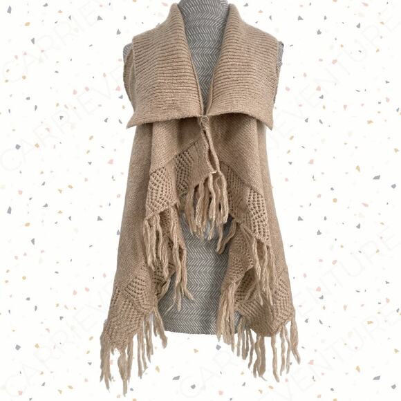 Romeo & Juliet Couture Boho Fringe Sweater Vest Khaki Sand Tan Open Front Size S - Picture 1 of 9